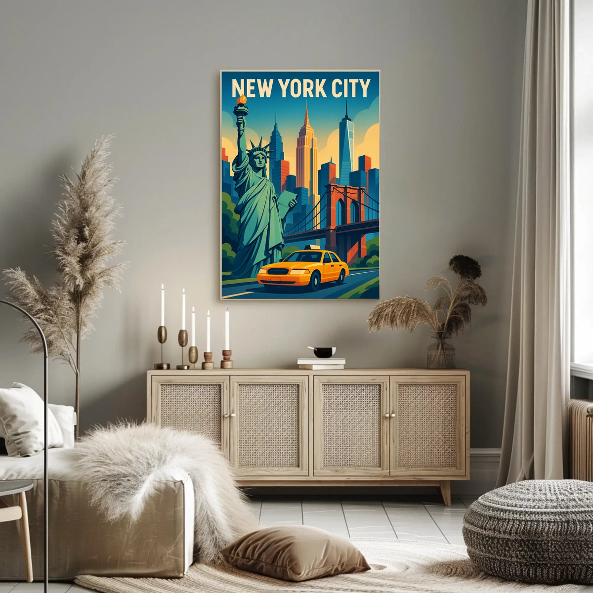 Iconic New York City Poster With Brooklyn Bridge Skyline