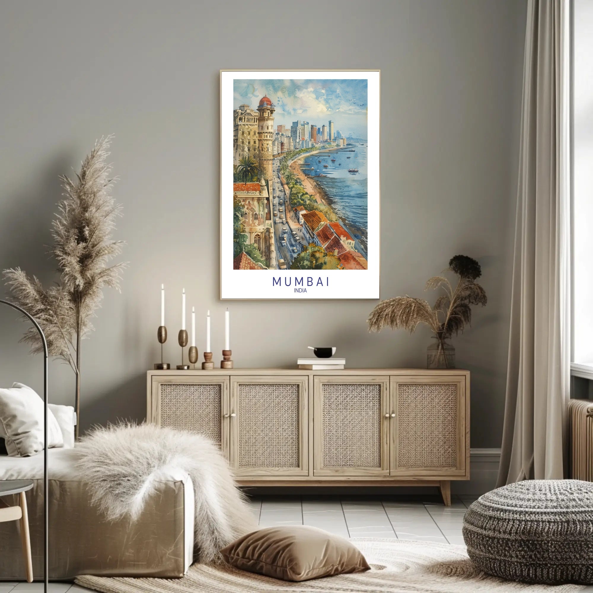 Mumbai Watercolor Coastal View Urban or Cityscape Poster PosterGoat
