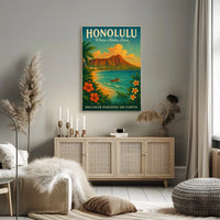 Honolulu Vintage Paradise Travel Poster Illustration