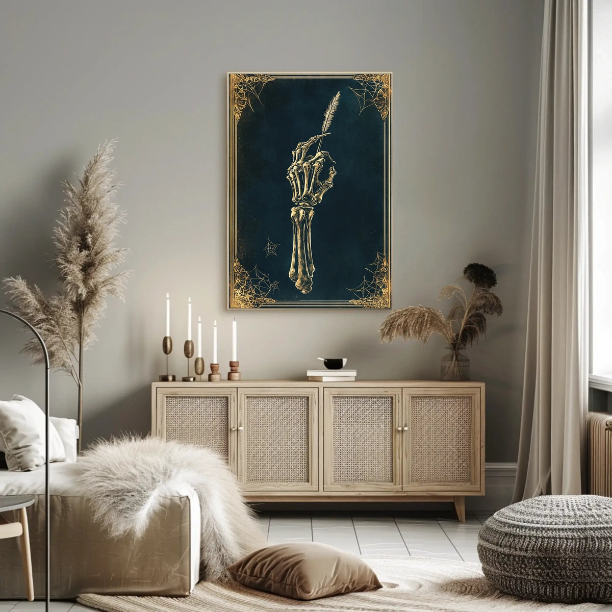 The poster depicts a skeletal hand holding a quill pen, set against a Travel Poster