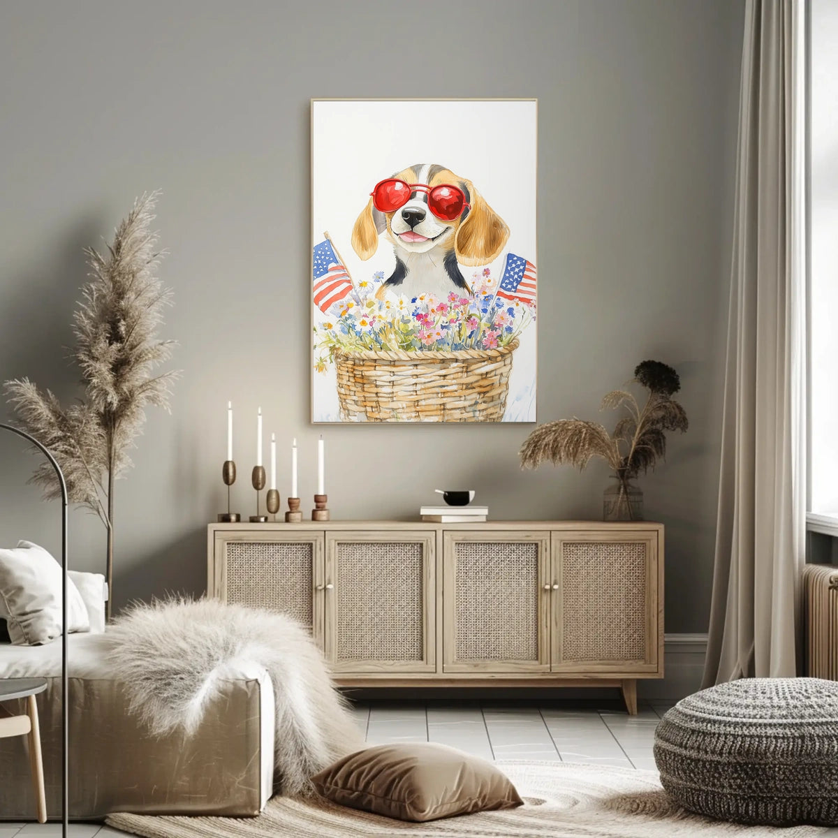 Beagle Puppy With Red Sunglasses In Flower Basket Poster