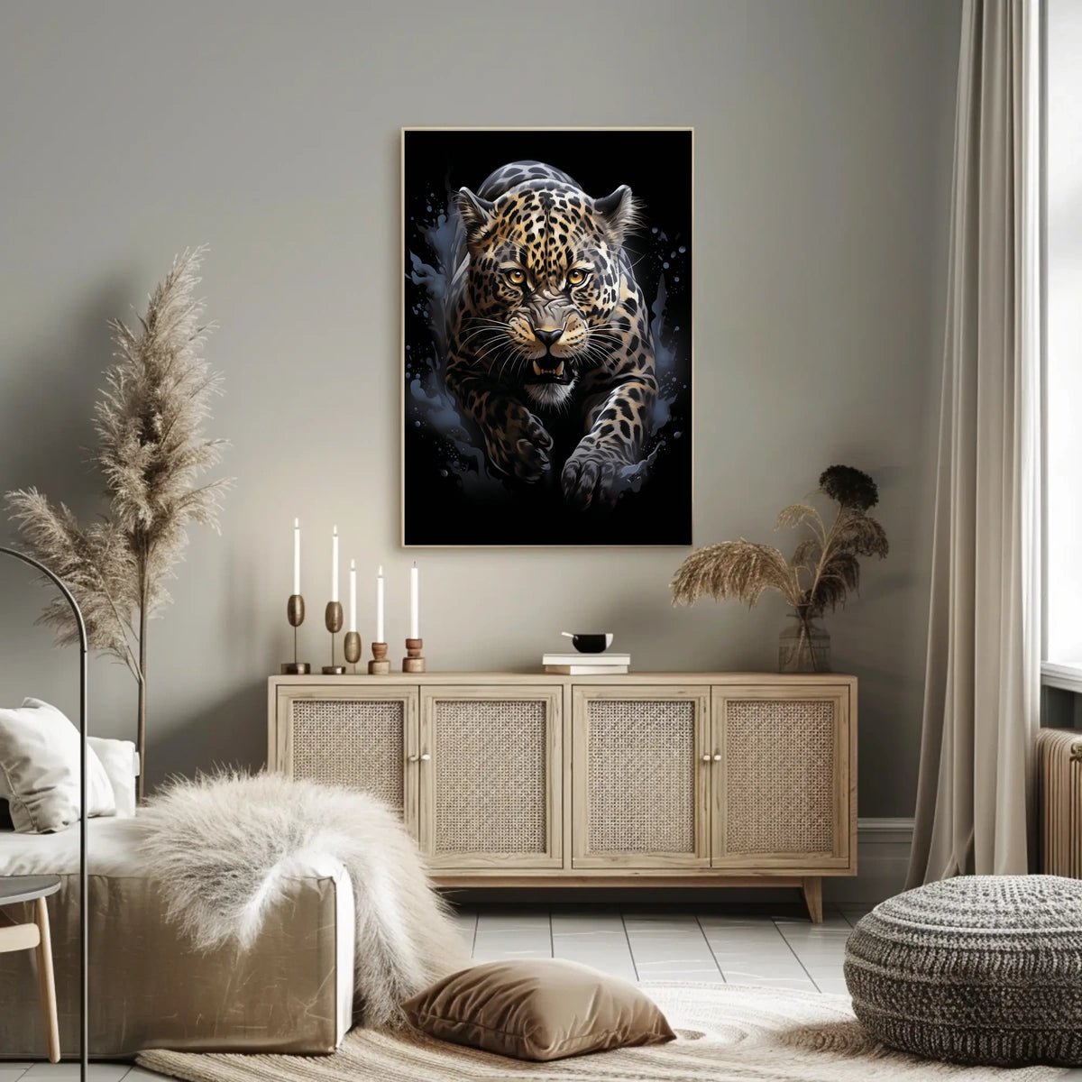 The poster features a dynamic and intense depiction of a leopard in mid-pounce. Travel Poster