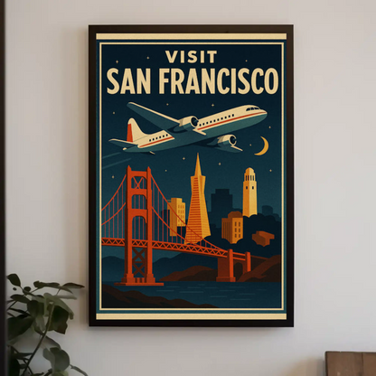 Visit San Francisco Night Flight Bridge City Travel Poster