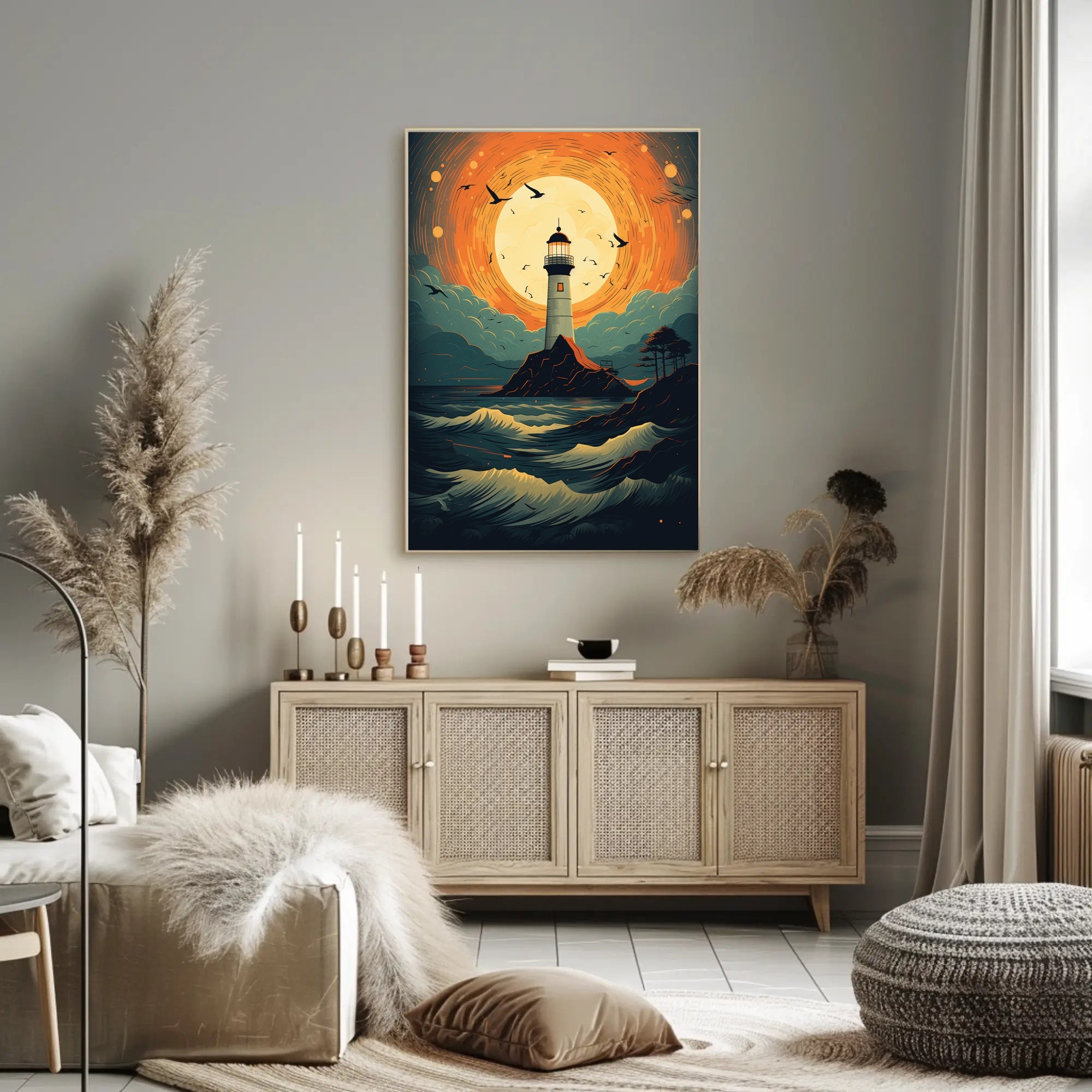 Lighthouse At Sunset Poster PosterGoat