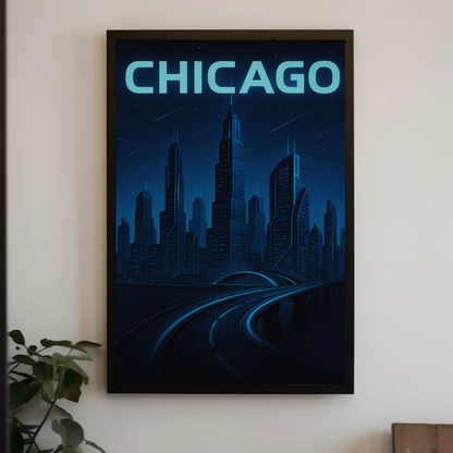 Chicago Futuristic Night Cityscape Blue Lights Travel Poster