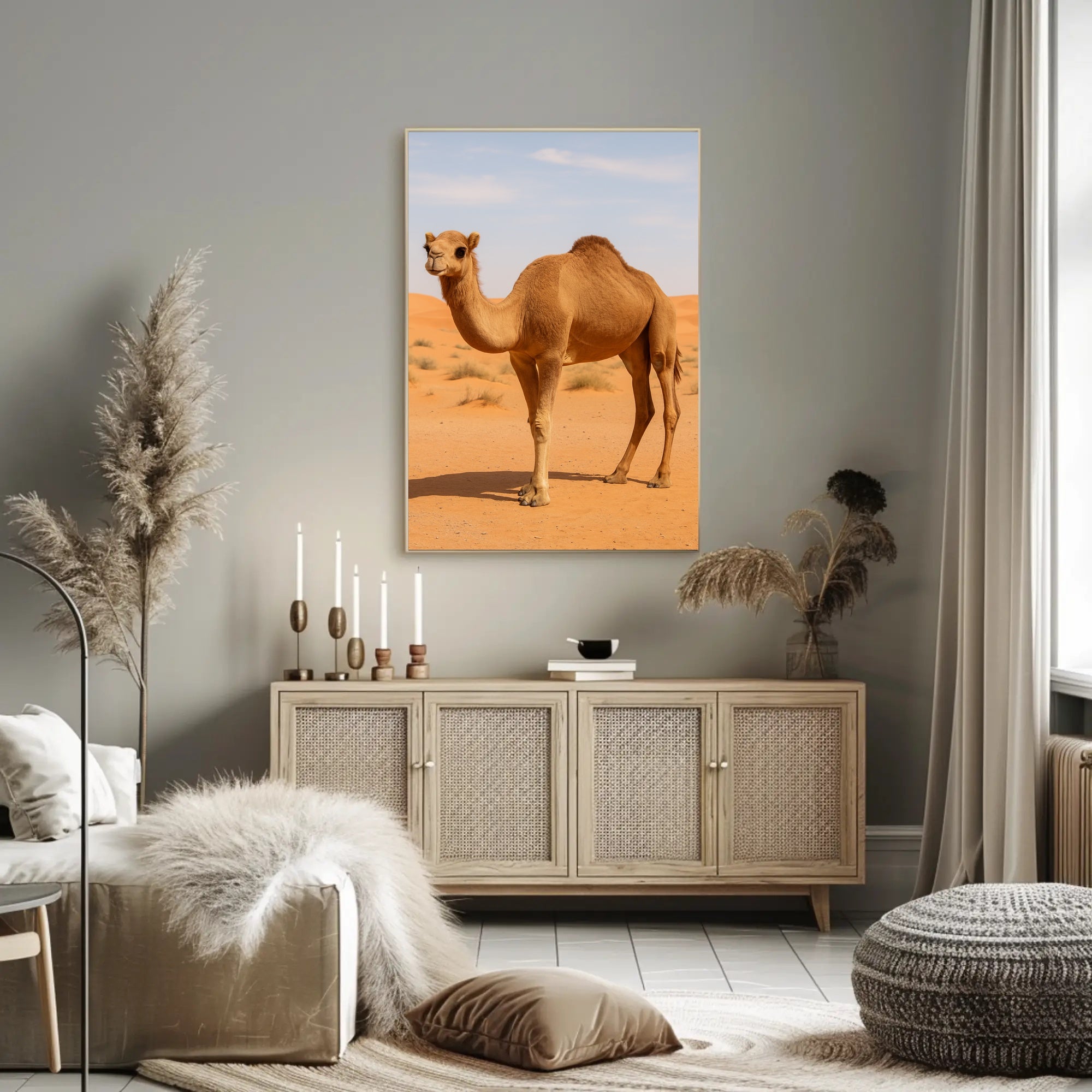 Serene Camel in Tranquil Desert Landscape Animal Poster