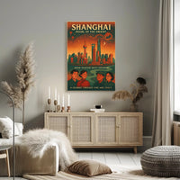 Shanghai Skyline Vintage Travel Poster
