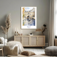 Iconic Pulteney Bridge in Bath Watercolor Urban Cityscape Poster PosterGoat