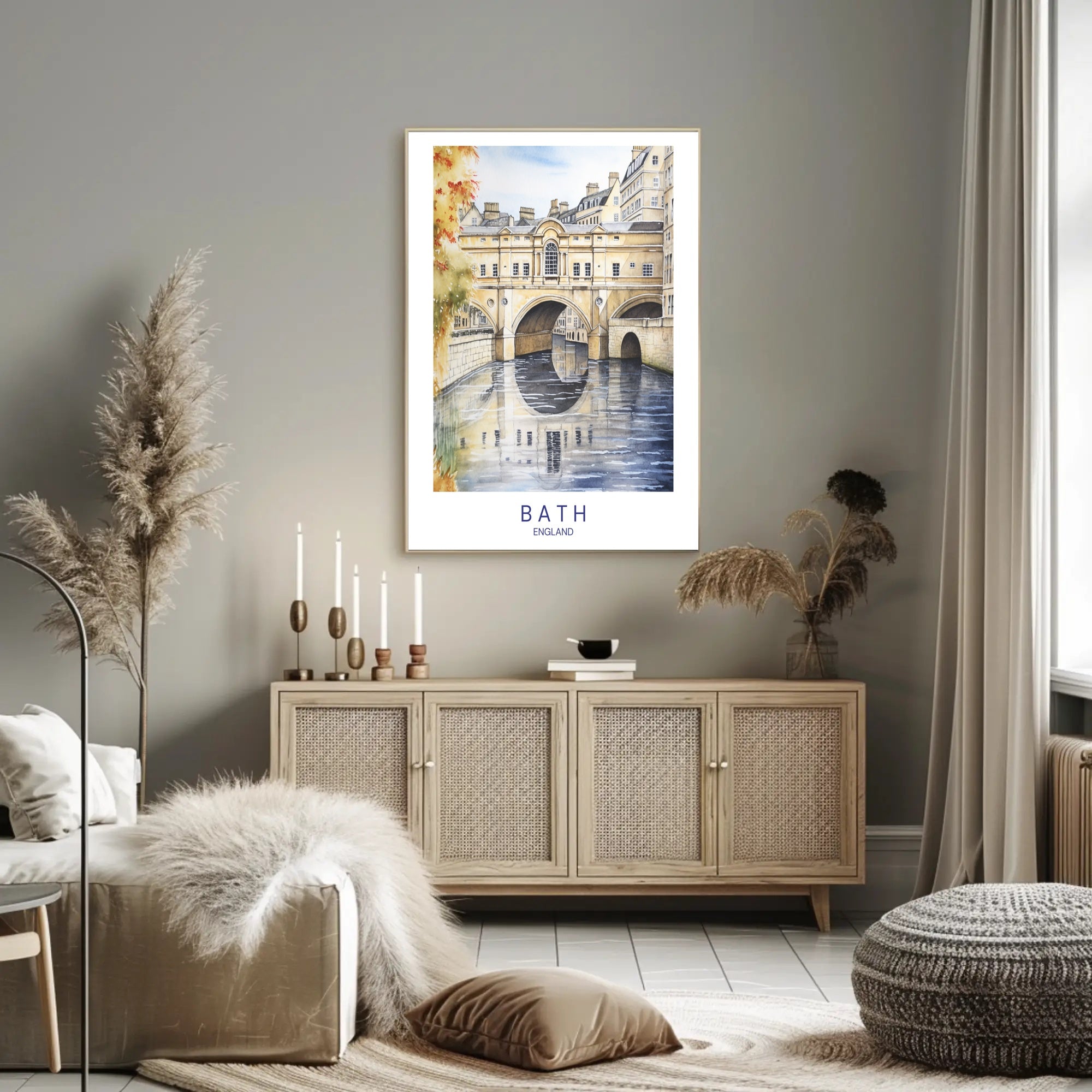 Iconic Pulteney Bridge in Bath Watercolor Urban Cityscape Poster PosterGoat