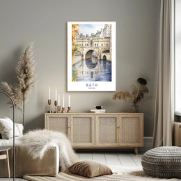 Iconic Pulteney Bridge in Bath Watercolor Urban Cityscape Poster PosterGoat