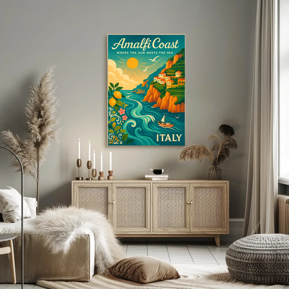 Amalfi Coast Vintage Travel Poster: Sunlit Serenity