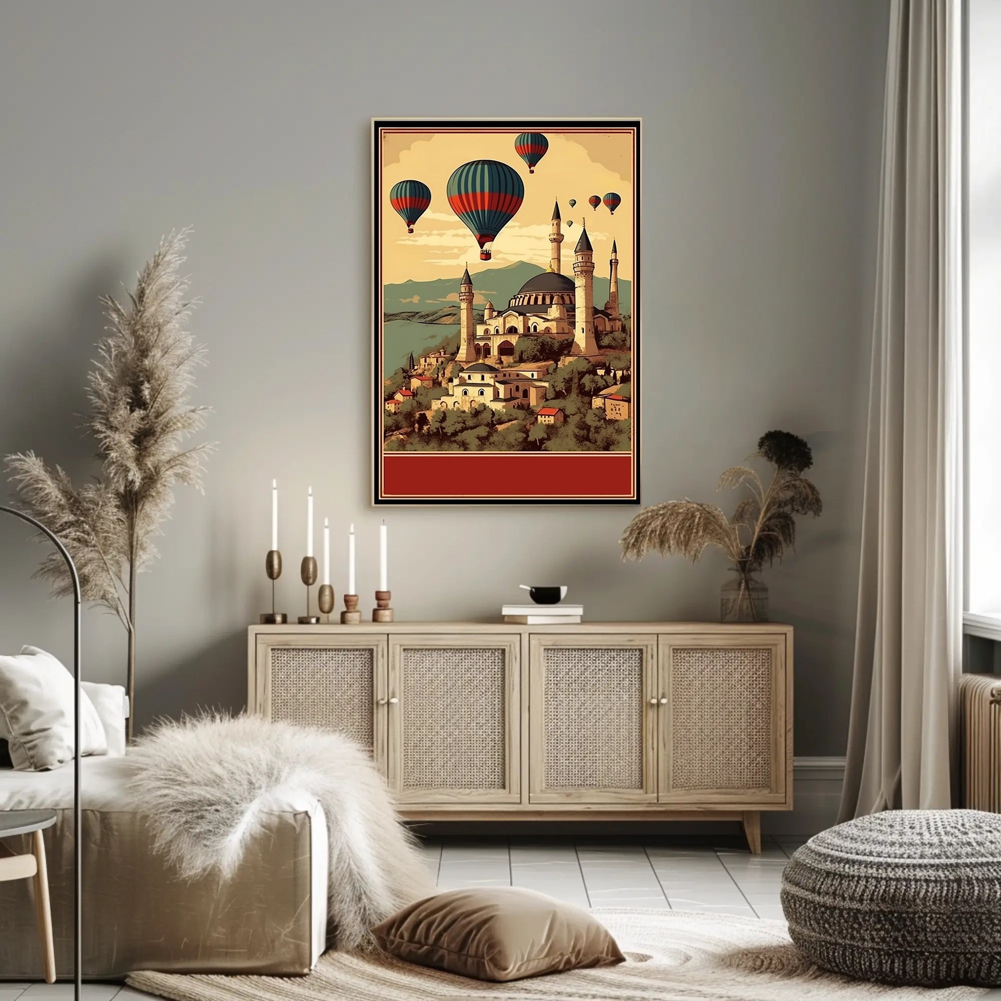 Hot Air Balloons Over Ancient Architecture Poster