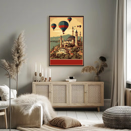 Hot Air Balloons Over Ancient Architecture Poster