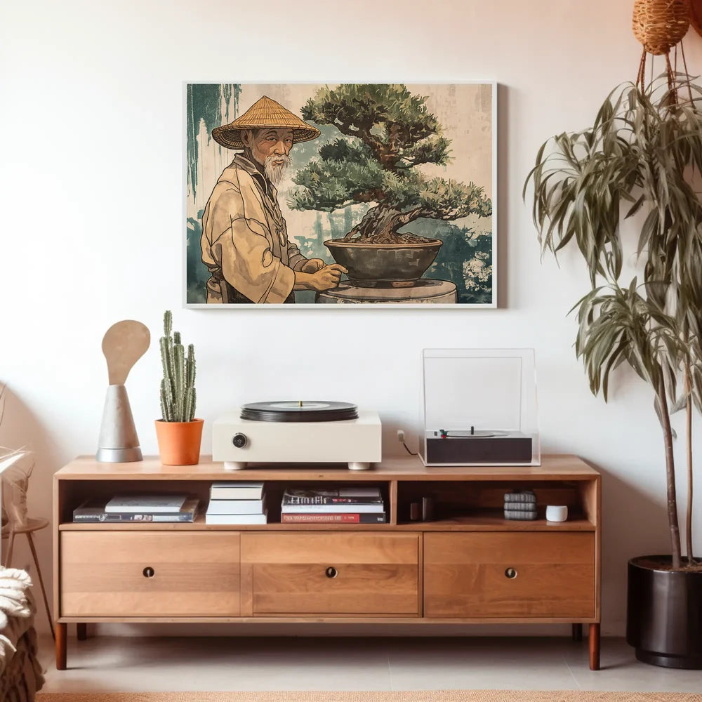 Elderly Man Bonsai Art Poster Vintage Style
