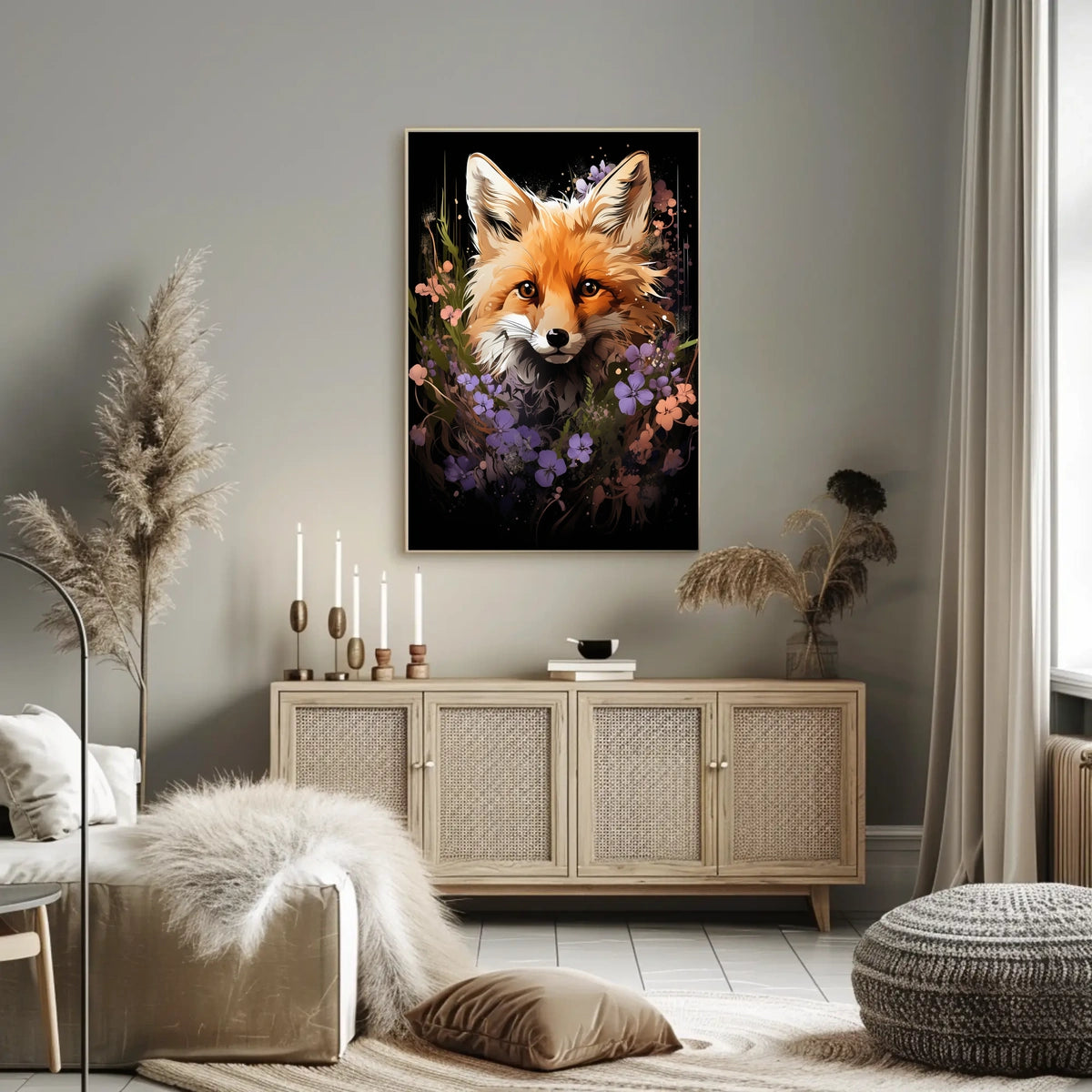 Fox Portrait with Vibrant Floral Surroundings