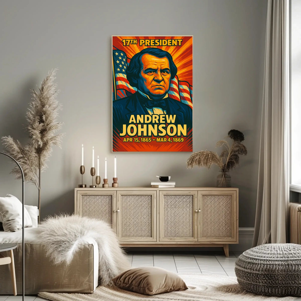 Andrew Johnson 17th President of the United States Colorful Comic Book Style Poster