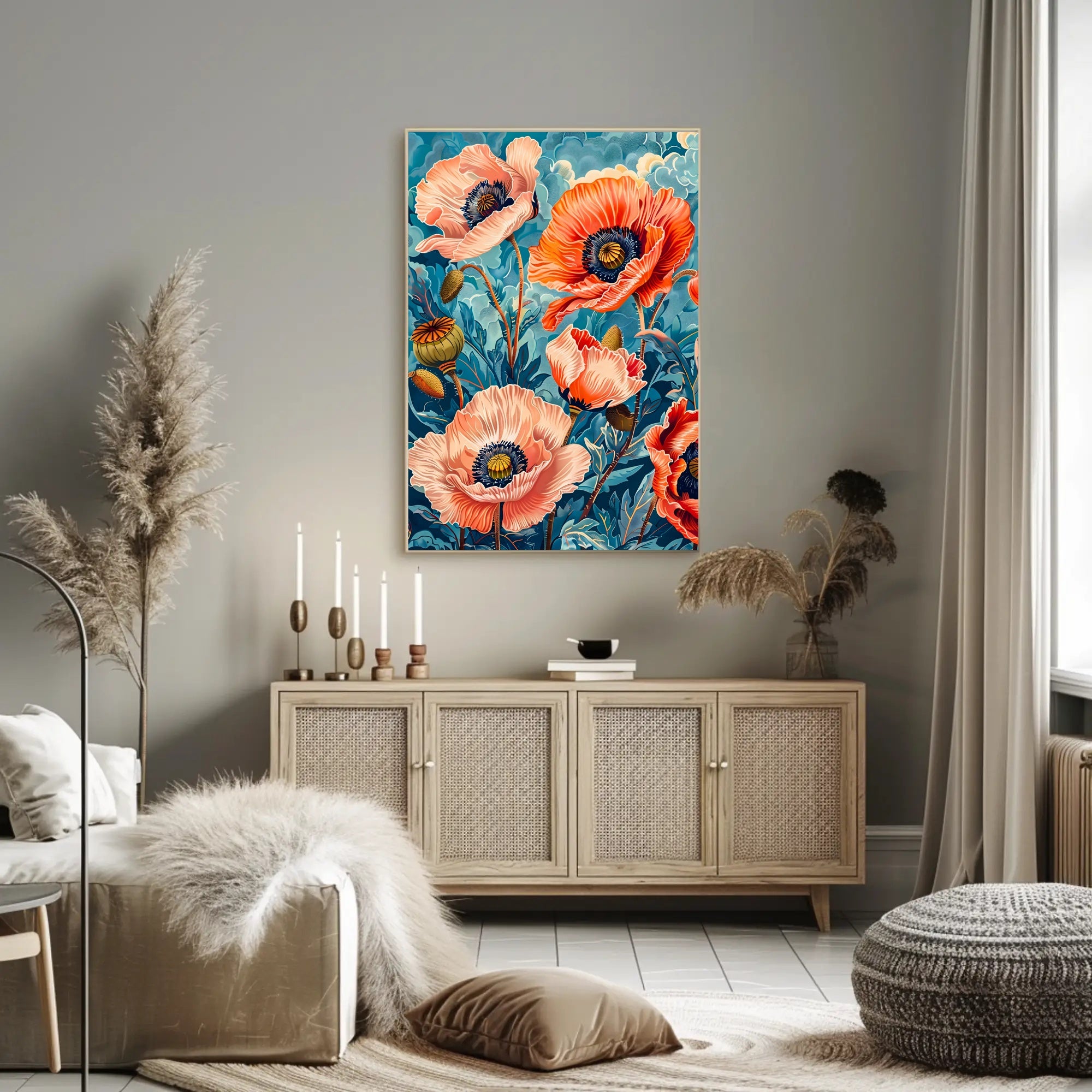 Vibrant Poppy Botanical Art with Vintage Flair Poster