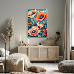 Vibrant Poppy Botanical Art with Vintage Flair Poster