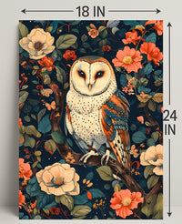 Barn Owl Amid Enchanted Flora: Artistic Animal Poster