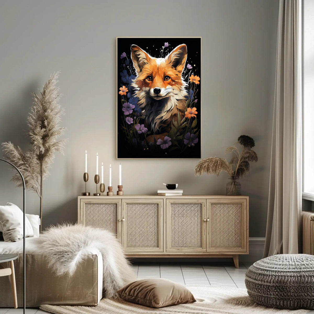 Enchanted Fox and Floral Night Art Poster