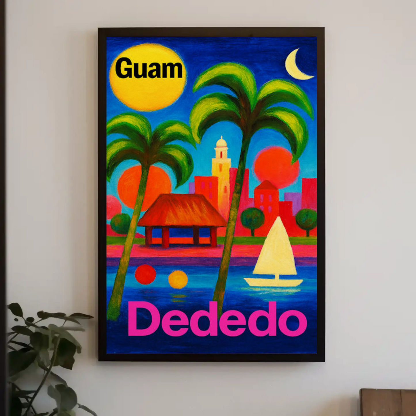Dededo Guam Colorful Skyline Moonlight Travel Poster