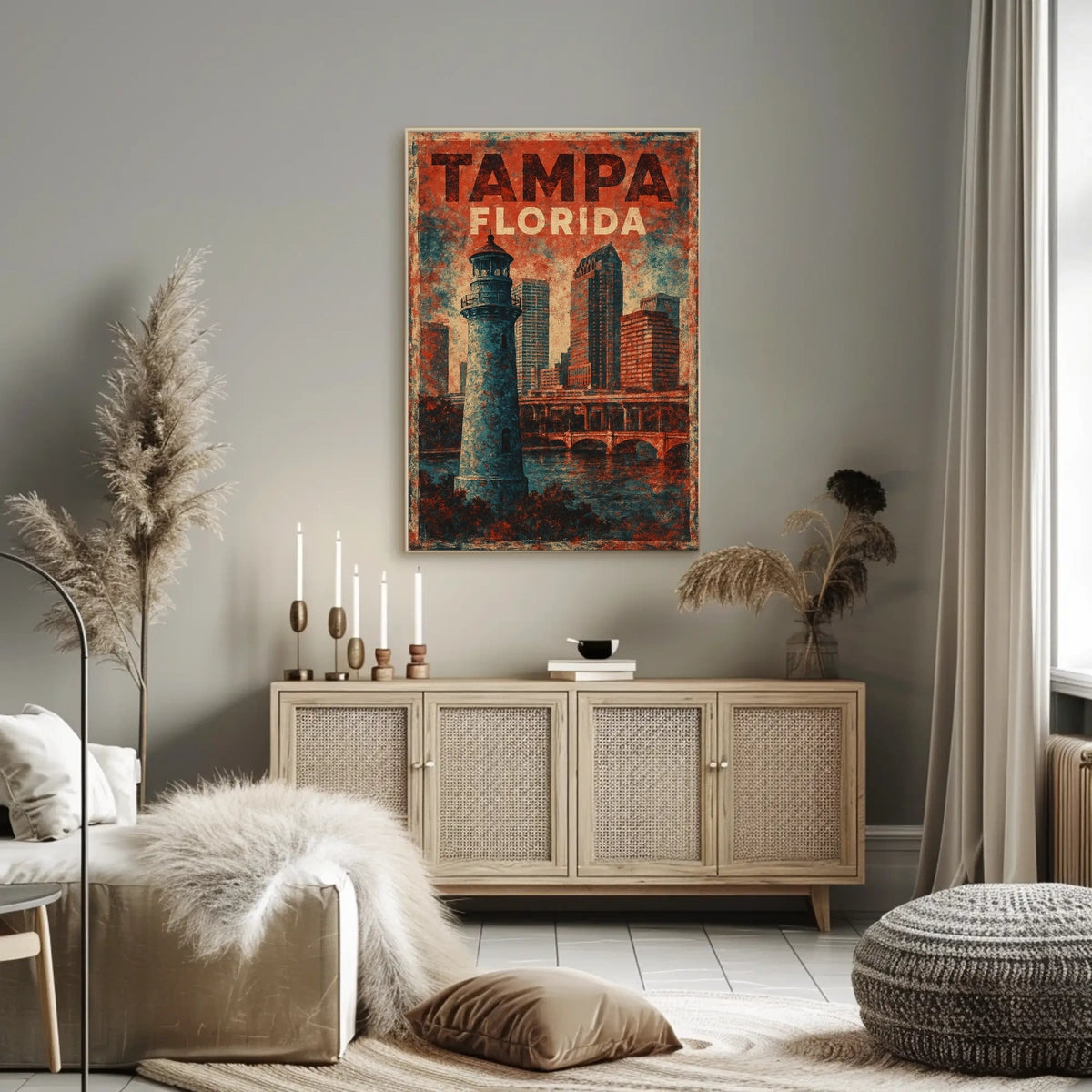 Tampa Skyline Vintage Lighthouse Nostalgic Art Poster