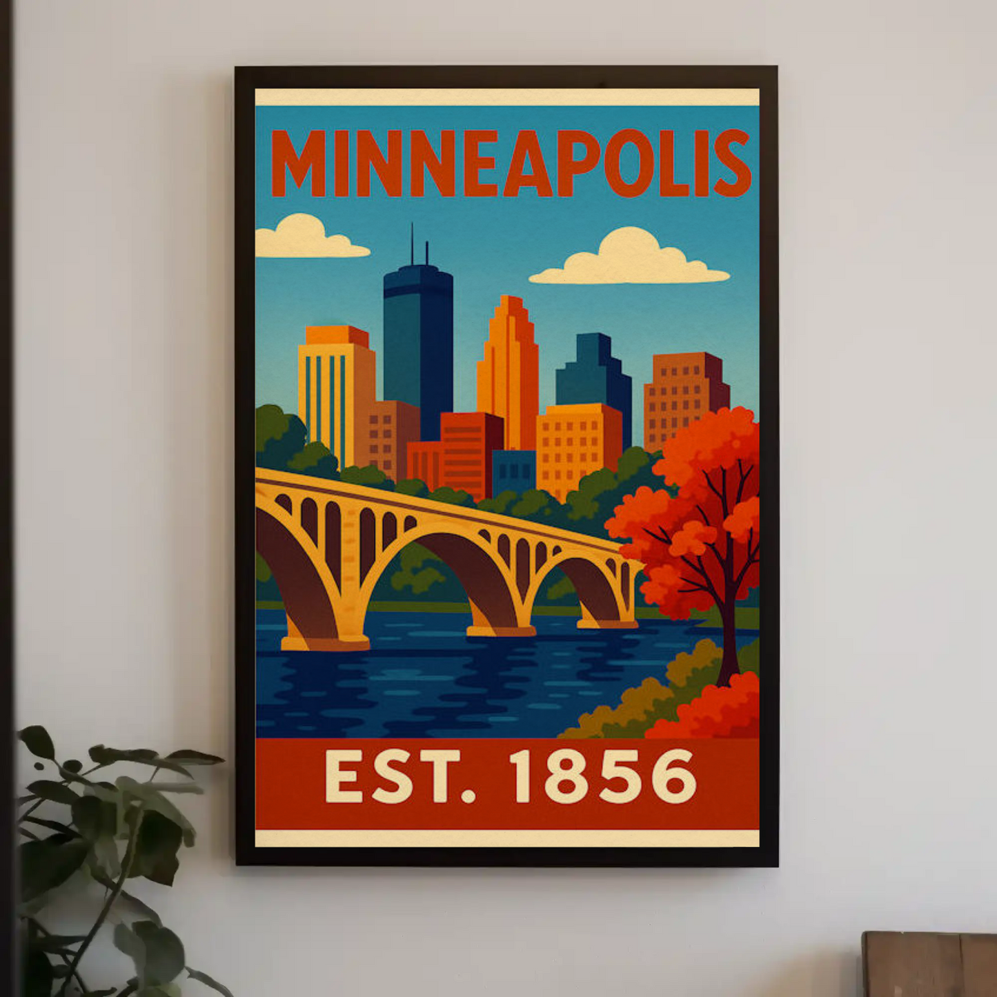 Minneapolis Autumn River Bridge View Vintage Travel Poster
