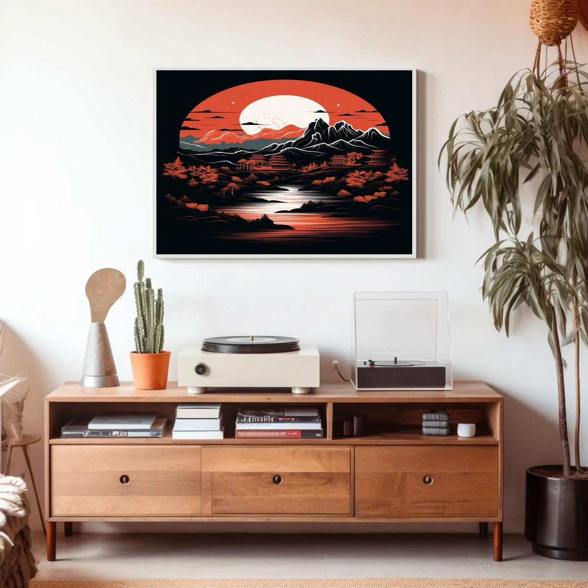 Tranquil Landscape Under A Crimson Moon Poster