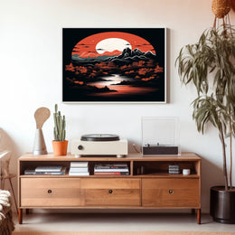 Tranquil Landscape Under A Crimson Moon Poster