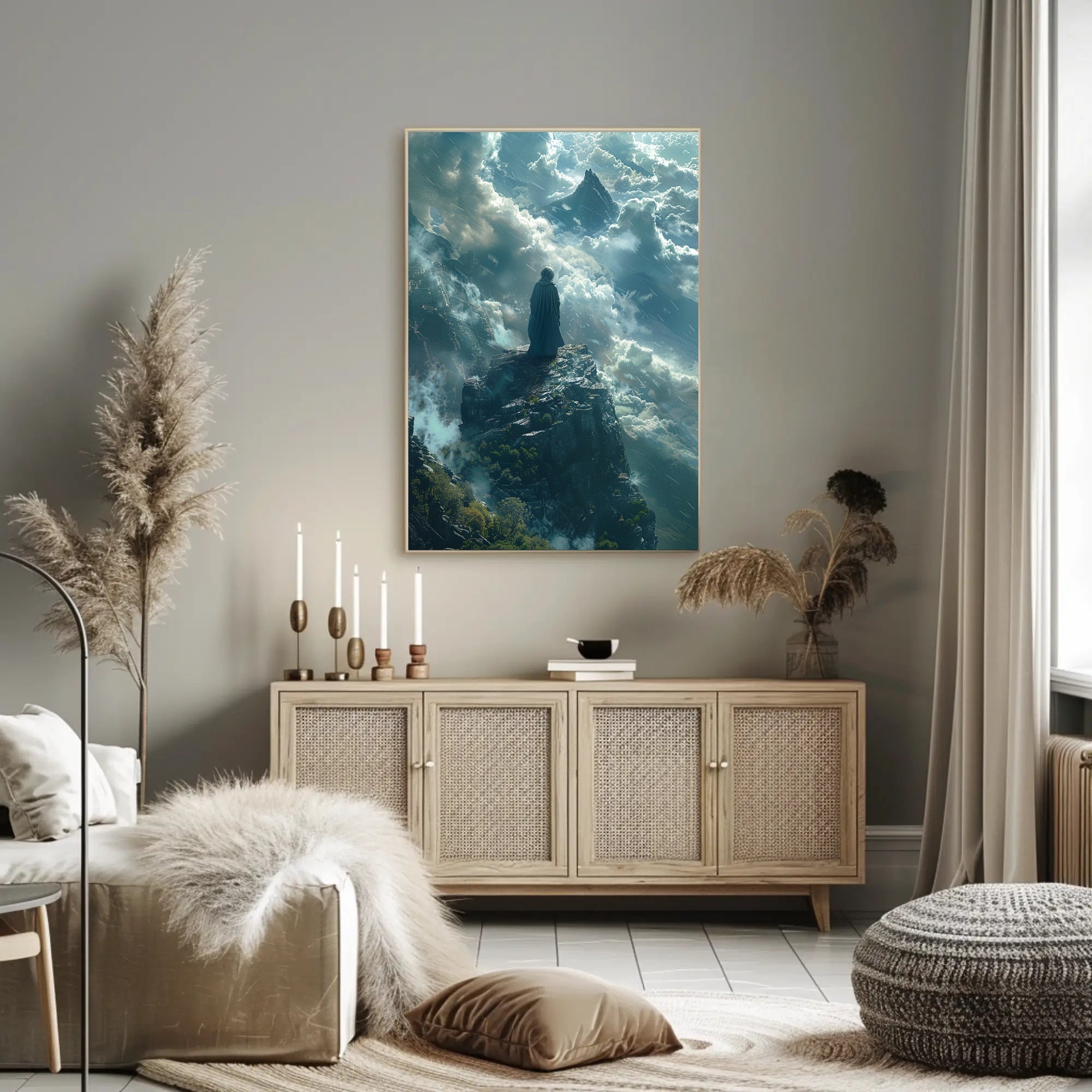 Ethereal Figure Amidst Mystical Peaks Fantasy or Mythology Poster PosterGoat