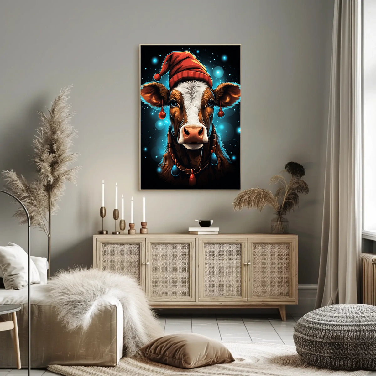 Festive Cow in Santa Hat Christmas Poster