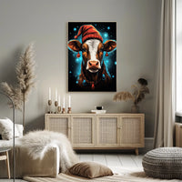 Festive Cow in Santa Hat Christmas Poster