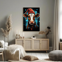 Festive Cow in Santa Hat Christmas Poster