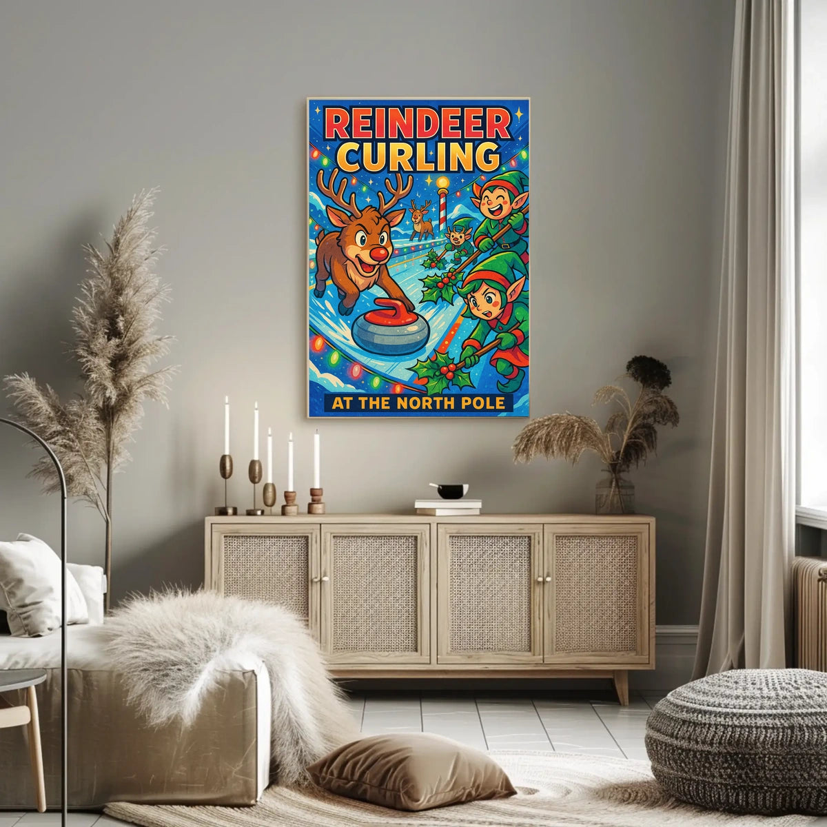 Reindeer Curling at the North Pole Poster