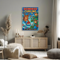 Reindeer Curling at the North Pole Poster