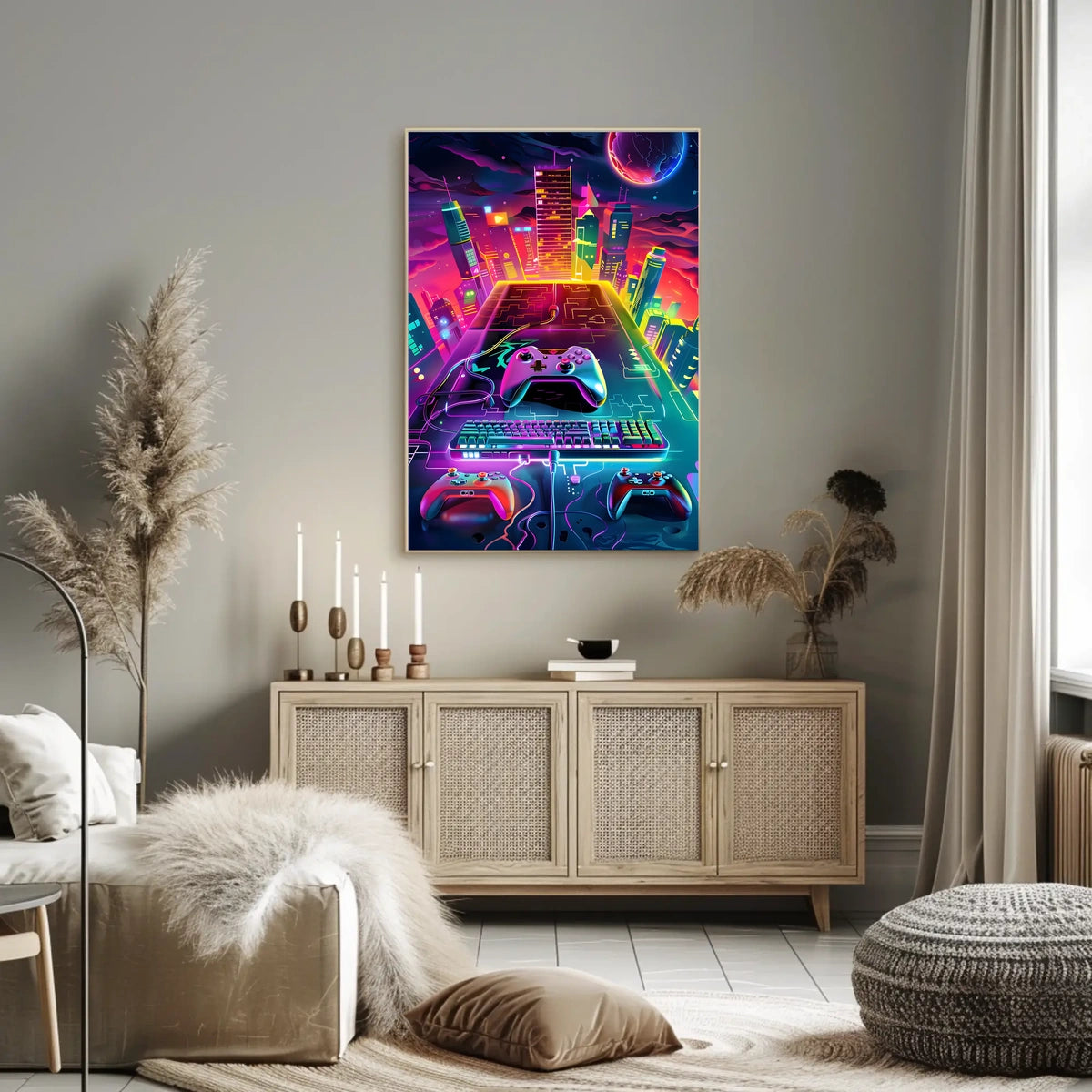 Neon Gaming Cityscape Poster