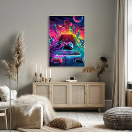 Neon Gaming Cityscape Poster