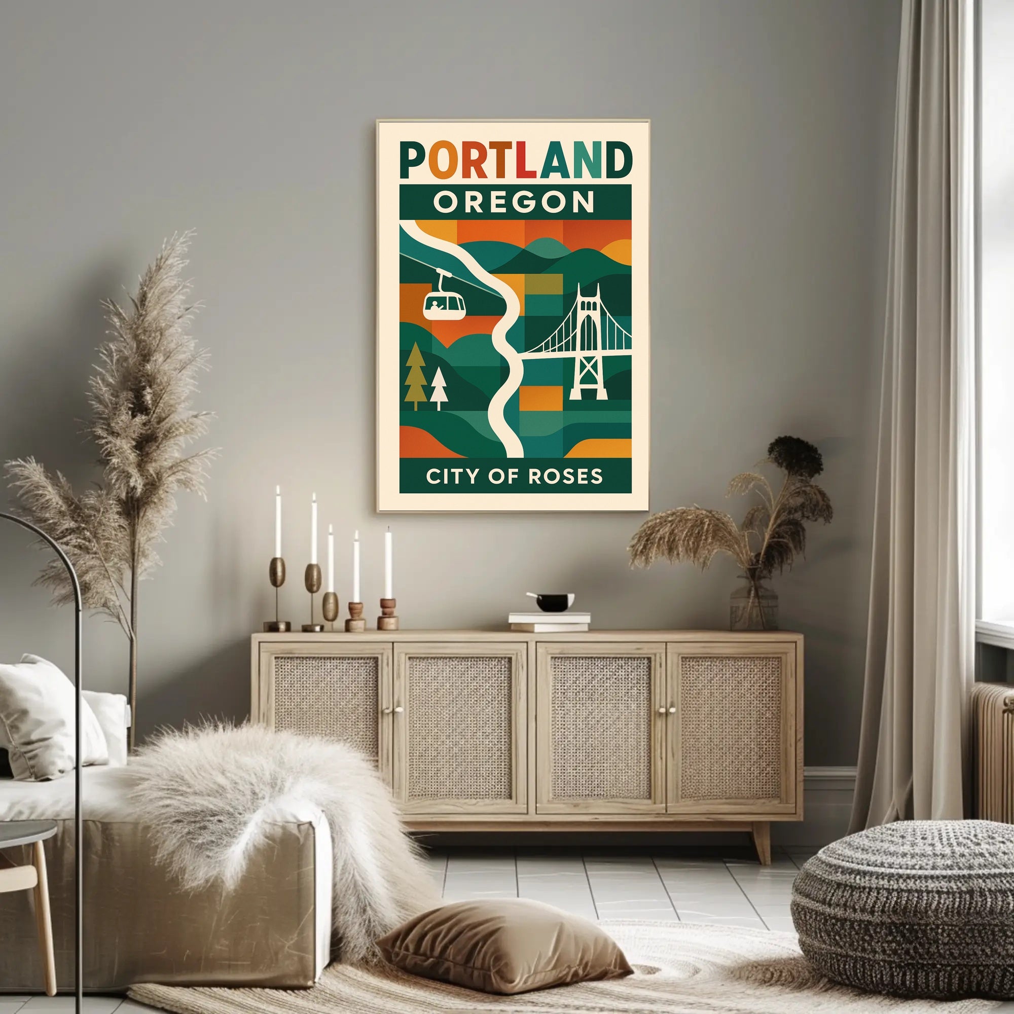 Portland Cityscape Vibrant Retro Travel Poster PosterGoat