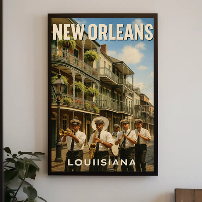 New Orleans Louisiana Jazz Band Balcony Buildings Travel Poster