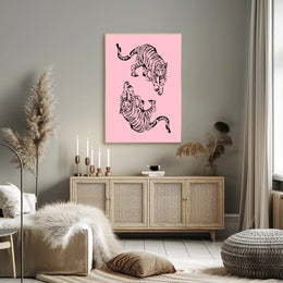 Stylized Black Ink Tigers on Pink Artistic Poster PosterGoat