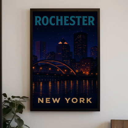 Rochester New York Night Skyline River Lights Travel Poster Travel Poster