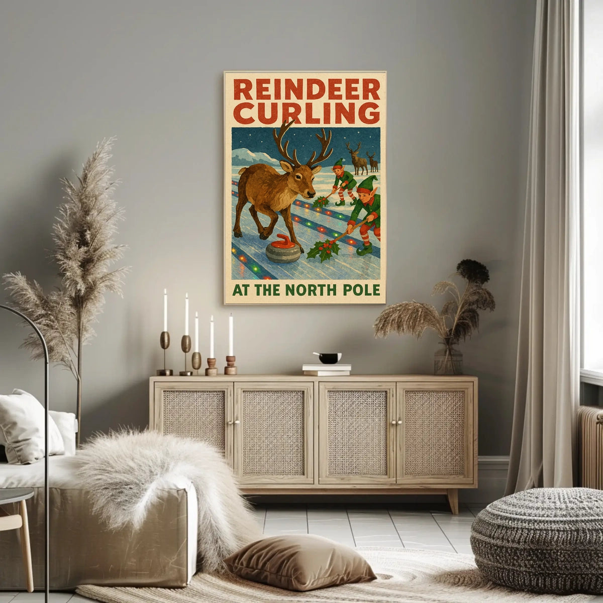 Reindeer Curling at the North Pole Poster