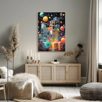 Futuristic Space Adventure Art Poster: Whimsical Sci-Fi Design