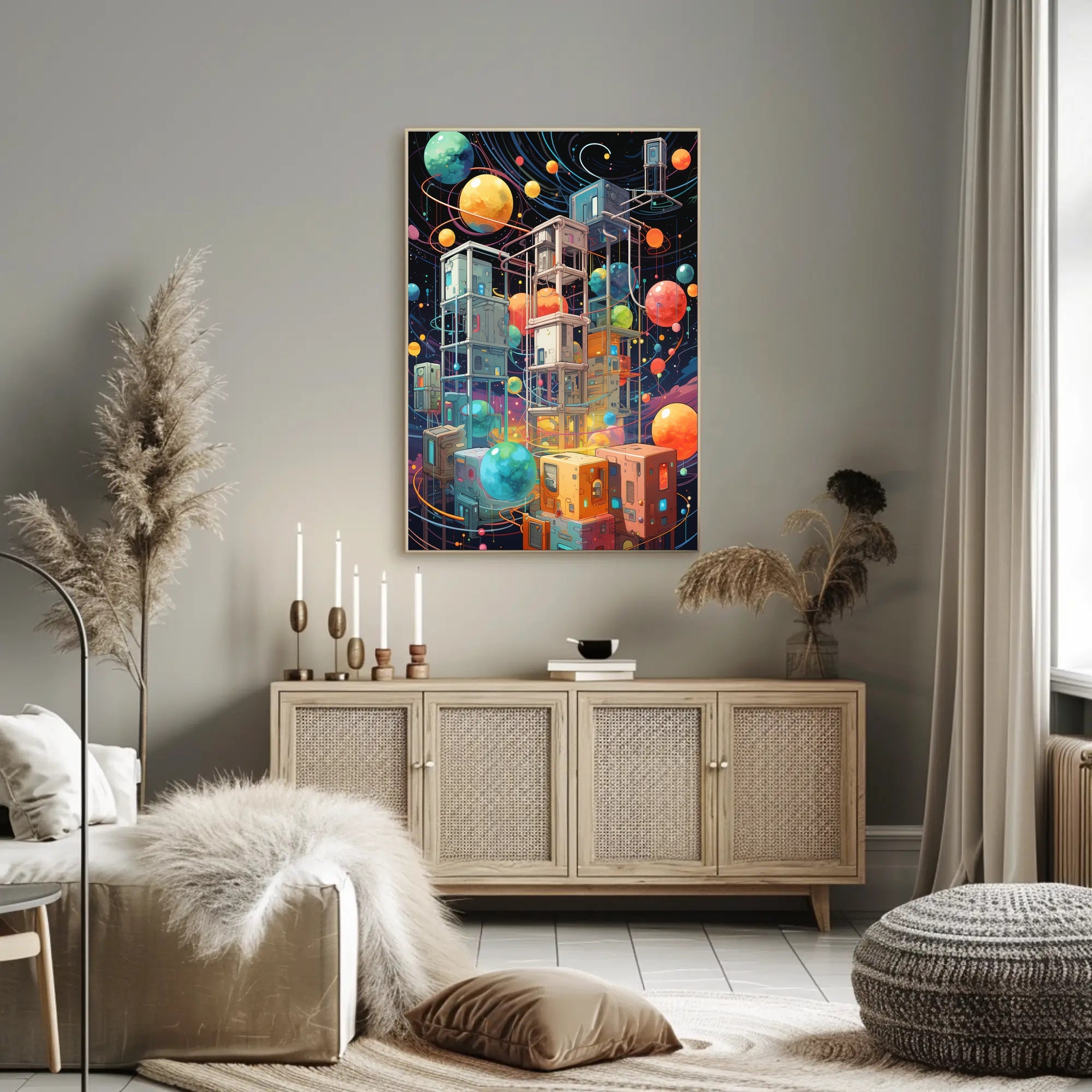 Futuristic Space Adventure Art Poster: Whimsical Sci-Fi Design