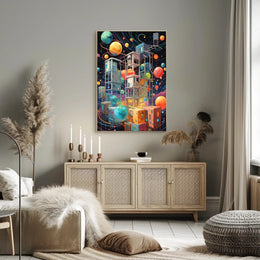 Futuristic Space Adventure Art Poster: Whimsical Sci-Fi Design