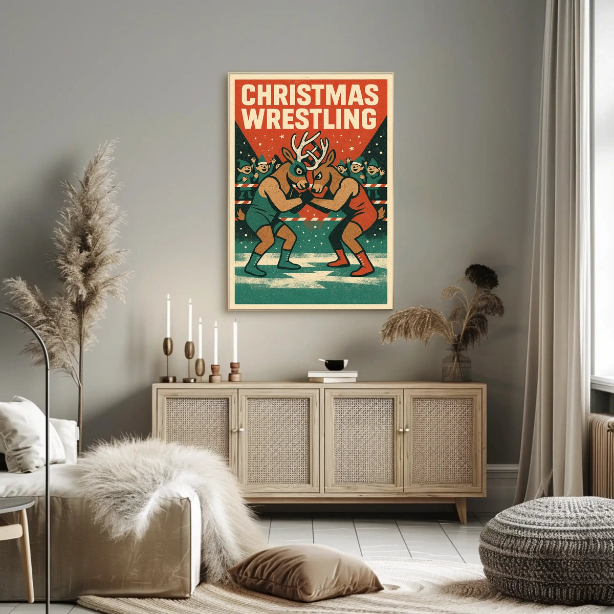 Christmas Wrestling Reindeer Vintage Sports Poster