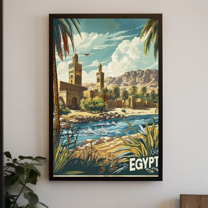 Egypt Desert Mosque and River Travel Poster