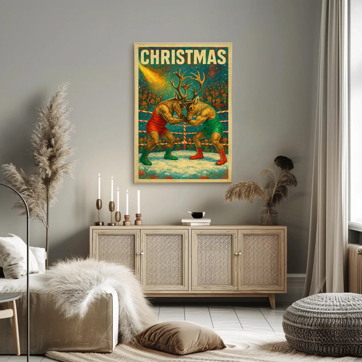 Whimsical Reindeer Wrestling Christmas Fantasy or Mythology Poster