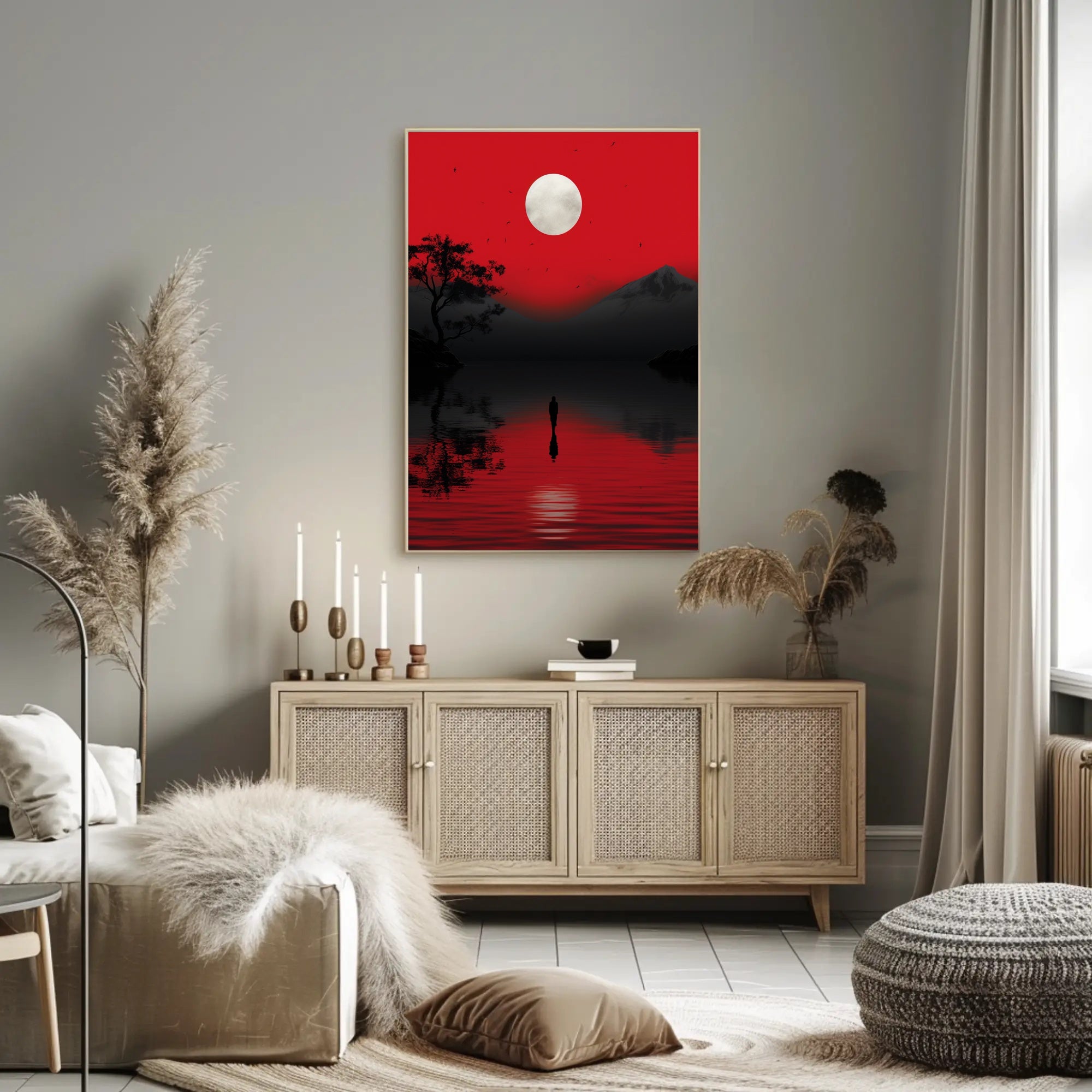 Solitary Reflection Under A Crimson Sky Poster