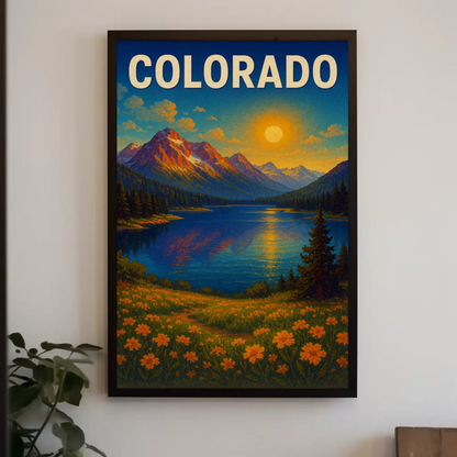 Colorado Sunset Mountain Lake Wildflower Travel Poster